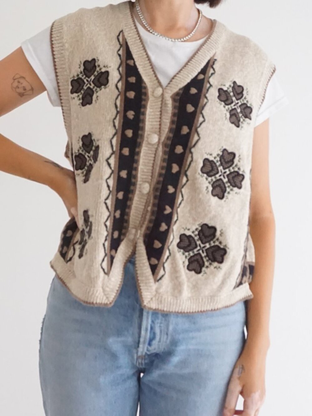 Vintage Christopher & Banks Oatmeal Heart Clover Embroidered Sweater Vest XL